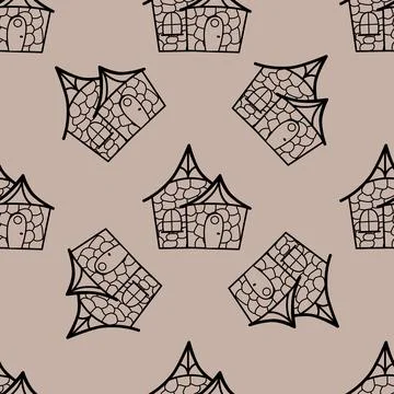 Seamless vector pattern of contour houses in doodle style on beige background. Stock Illustration