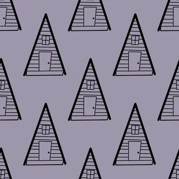 Seamless vector pattern of contour houses in the style of doodles on a purple Stock Illustration