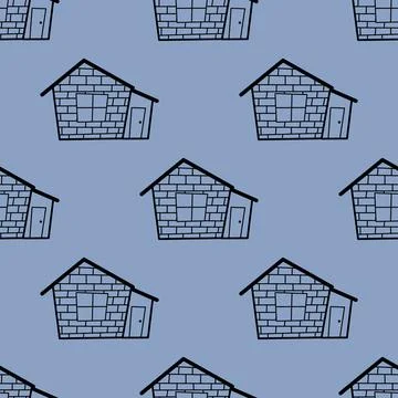 Seamless vector pattern of contour houses in doodle style on a blue background. Stock Illustration