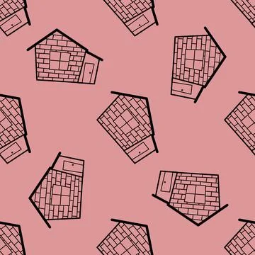 Seamless vector pattern of contour houses in doodle style on pink background. Stock Illustration