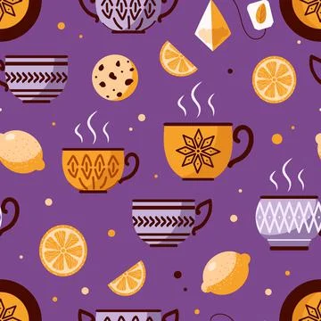 Seamless vector pattern cozy tea party handmade ceramic utensils with ethnic Stock Illustration
