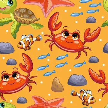 Seamless vector pattern with crab, turtle and fishes Stock Illustration