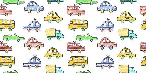 Seamless vector pattern with crayon-drawn cars: taxi, police car, ambulance Stock Illustration