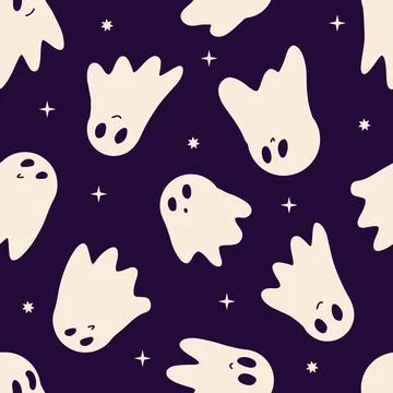 Seamless vector pattern cream white spooky cute ghost silhouettes on dark purple Stock Illustration