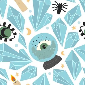 Seamless vector pattern with crystals, spiders, magic balls, eyes, and candle Illustrazione stock