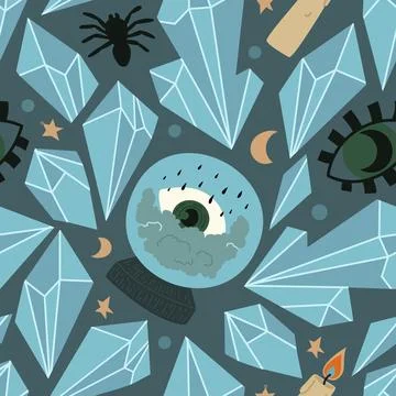 Seamless vector pattern with crystals, spiders, magic balls, eyes, and candle 스톡 일러스트