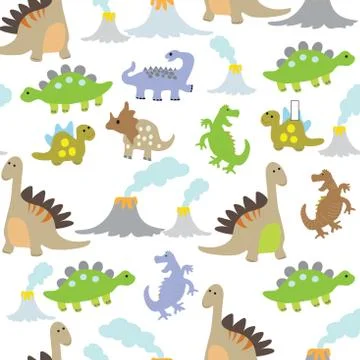 Seamless vector pattern with cute baby dinosaurs and volcano. Stock Illustration