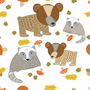 Seamless vector pattern with cute baby bears and baby raccoons in a autumn Stock Illustration