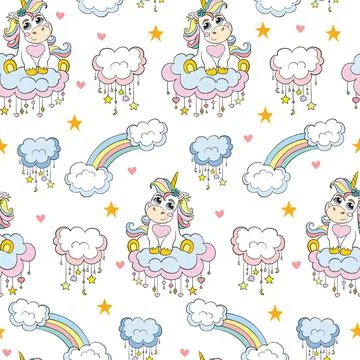 Seamless vector pattern cute baby unicorn white 스톡 일러스트