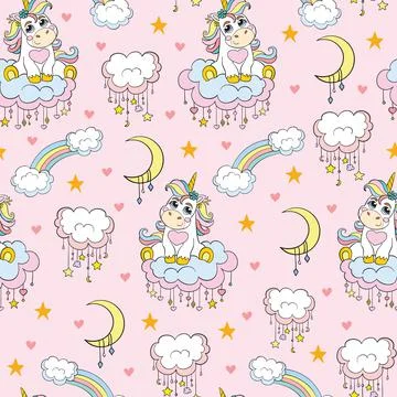 Seamless vector pattern cute baby unicorn pink Stock Illustration