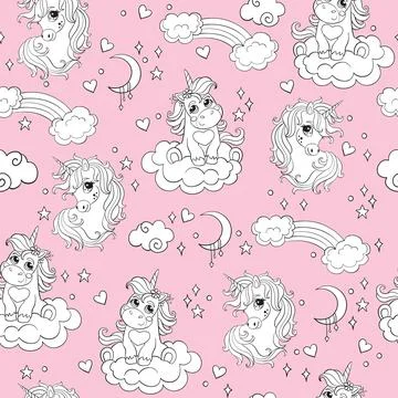 Seamless vector pattern cute baby unicorn white 스톡 일러스트