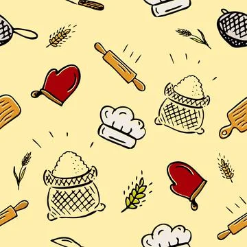 Seamless vector pattern with cute baking theme doodle elements. Bakery Simple 스톡 일러스트