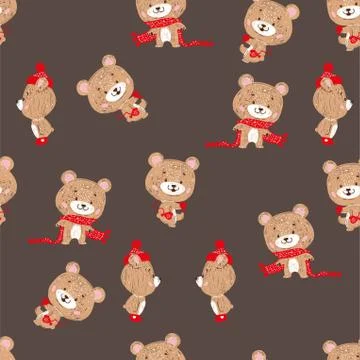 Seamless vector pattern with cute bear in scarf and hat. Can be used for wall Stock Illustration