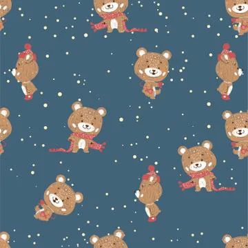 Seamless vector pattern with cute bear in scarf and hat. Can be used for wall Stock Illustration