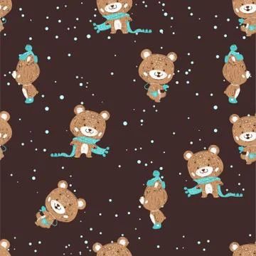 Seamless vector pattern with cute bear in scarf and hat. Can be used for wall Stock Illustration