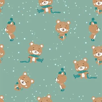 Seamless vector pattern with cute bear in scarf and hat. Can be used for wall Stock Illustration