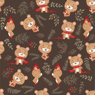 Seamless vector pattern with cute bear in scarf and hat. Can be used for wall Stock Illustration