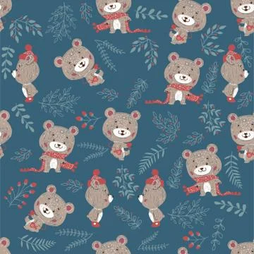 Seamless vector pattern with cute bear in scarf and hat. Can be used for wall Stock Illustration