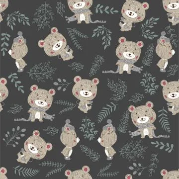 Seamless vector pattern with cute bear in scarf and hat. Can be used for wall Stock Illustration