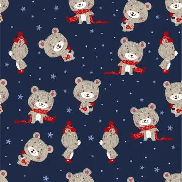 Seamless vector pattern with cute bear in scarf and hat. Can be used for wall イラスト素材