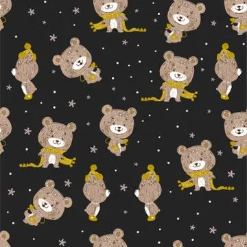 Seamless vector pattern with cute bear in scarf and hat. Can be used for wall Stock-Illustration