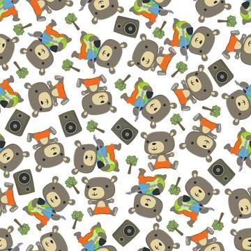 Seamless vector pattern of cute bear playing guitar. Design concept Stock Illustration