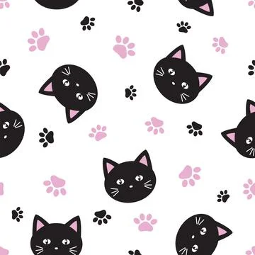 Seamless vector pattern cute black cat faces and footprints Illustrazione stock