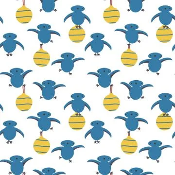 Seamless vector pattern with cute blue birds holding yellow christmas baubles Stock Illustration