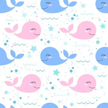 Seamless vector pattern with cute blue and pink whales on marine sea backgrou Illustrazione stock