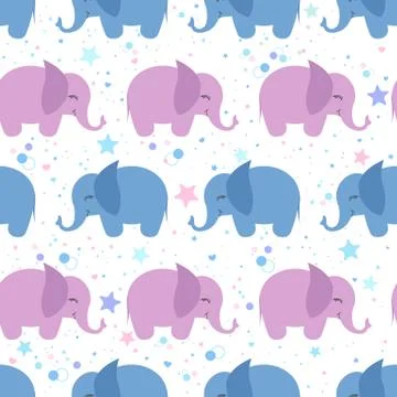 Seamless vector pattern with cute blue and pink elephants white background. D Stock Illustration