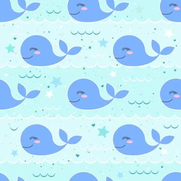 Seamless vector pattern with cute blue whales on marine sea background. Desig Stock Illustration