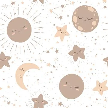 Seamless vector pattern with cute boho hand drawn cartoon moon, sun and sta.. Stock Illustration
