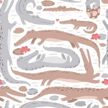 Seamless vector pattern with cute boho crocodiles, water lilies and leaves .. Stock Illustration