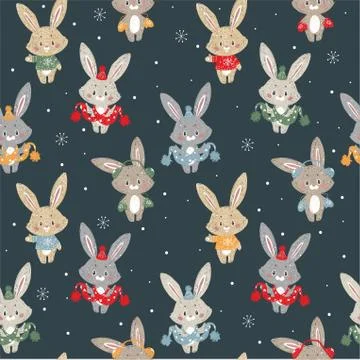 Seamless vector pattern with cute bunny in scarf and hat. Can be used for wal Stock Illustration