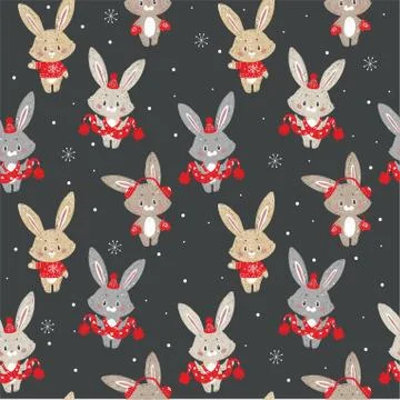 Seamless vector pattern with cute bunny in scarf and hat. Can be used for wal イラスト素材