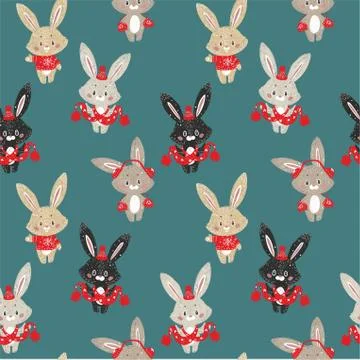 Seamless vector pattern with cute bunny in scarf and hat. Can be used for wal Illustrazione stock