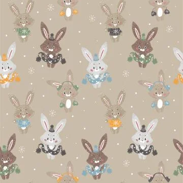 Seamless vector pattern with cute bunny in scarf and hat. Can be used for wal Illustrazione stock