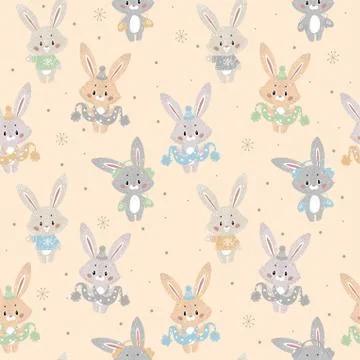 Seamless vector pattern with cute bunny in scarf and hat. Can be used for wal Stock Illustration