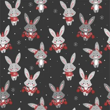 Seamless vector pattern with cute bunny in scarf and hat. Can be used for wal Illustrazione stock
