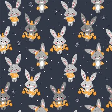 Seamless vector pattern with cute bunny in scarf and hat. Can be used for wal Illustrazione stock
