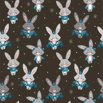 Seamless vector pattern with cute bunny in scarf and hat. Can be used for wal Stock Illustration