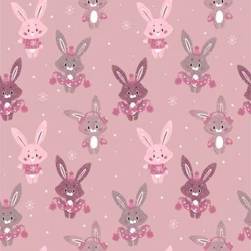 Seamless vector pattern with cute bunny in scarf and hat. Can be used for wal Stock Illustration
