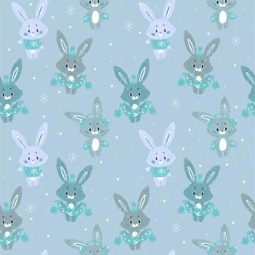 Seamless vector pattern with cute bunny in scarf and hat. Can be used for wal Illustrazione stock