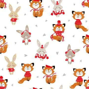 Seamless vector pattern with cute bunny and fox in scarf and hat. Can be used Stock Illustration