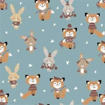 Seamless vector pattern with cute bunny and fox in scarf and hat. Can be used 스톡 일러스트
