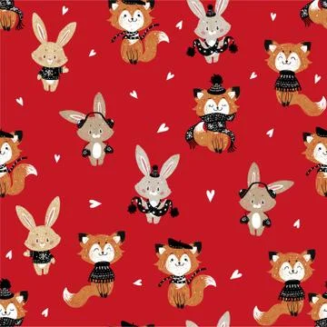 Seamless vector pattern with cute bunny and fox in scarf and hat. Can be used Stock Illustration