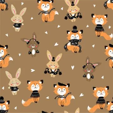 Seamless vector pattern with cute bunny and fox in scarf and hat. Can be used イラスト素材
