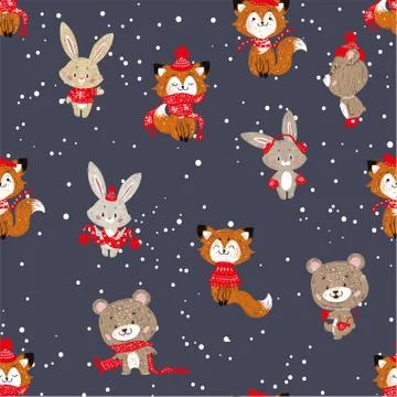 Seamless vector pattern with cute bunny, foxes and bear in scarf and hat. Can 스톡 일러스트