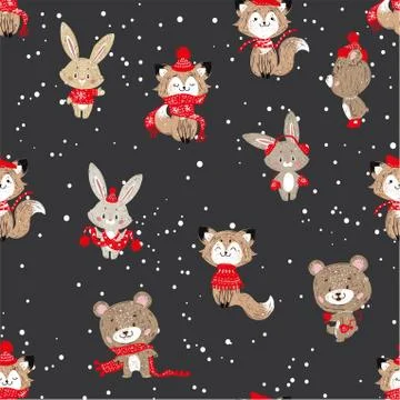Seamless vector pattern with cute bunny, foxes and bear in scarf and hat. Can 스톡 일러스트