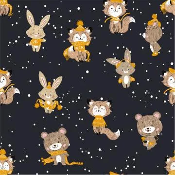 Seamless vector pattern with cute bunny, foxes and bear in scarf and hat. Can 스톡 일러스트